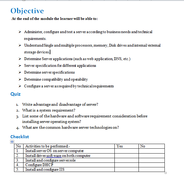 Objective, Checklist and Quiz